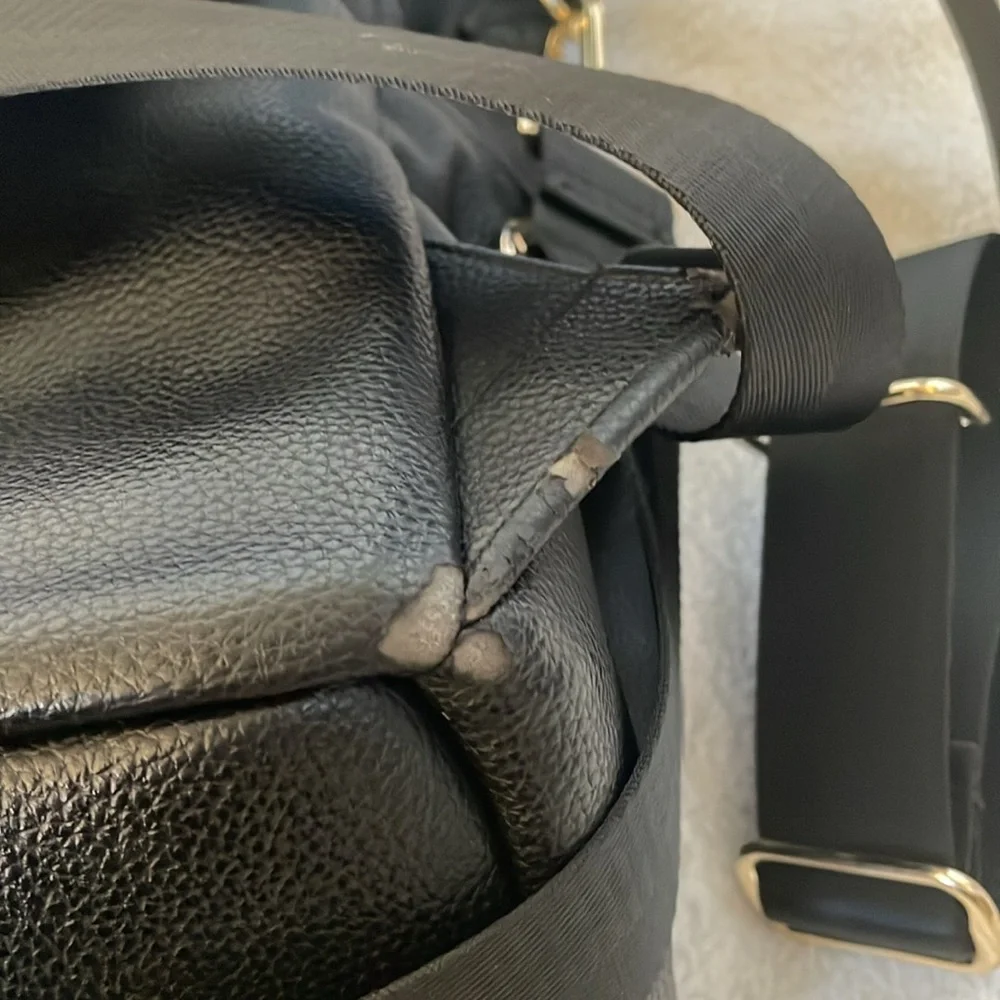 Vegan black leather diaper bag & leopard pouch